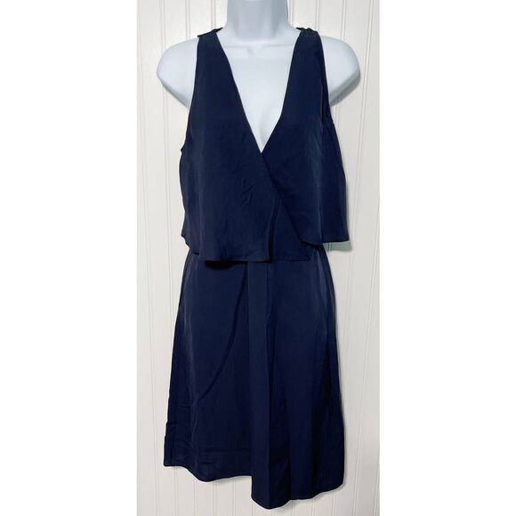 Theory Silk Osteen Mini Dress Crossover V-Neck Draped Sleeveless Navy Blue 2‎ - Picture 2 of 13